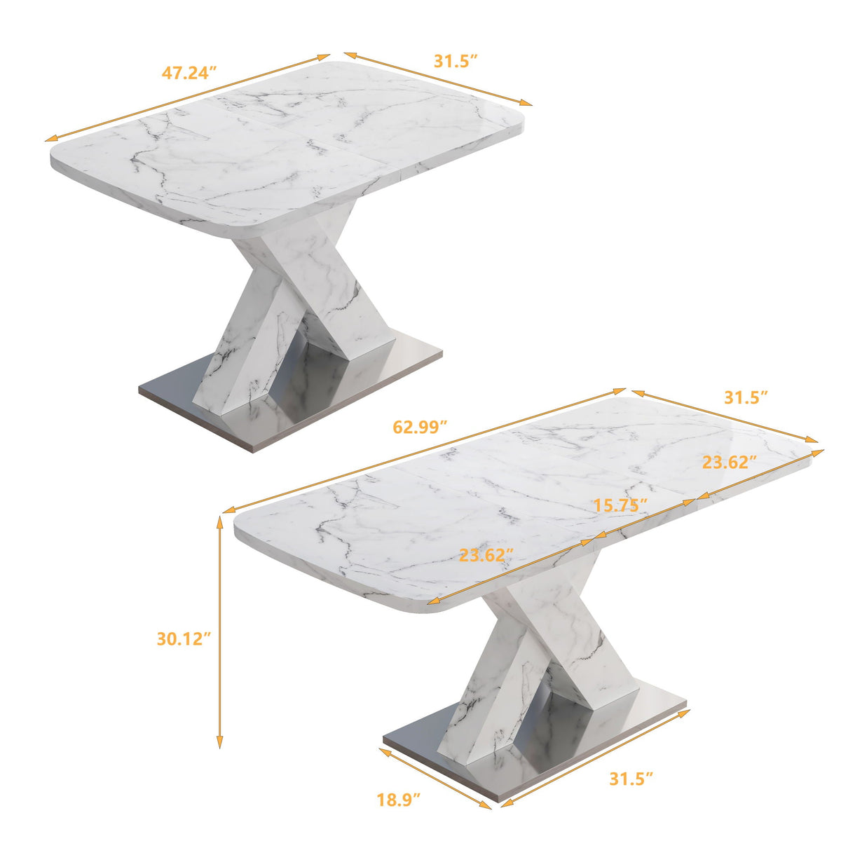 Modern Rectangle Dining Table with Stretchable Top and X Shape Legs - White or Black