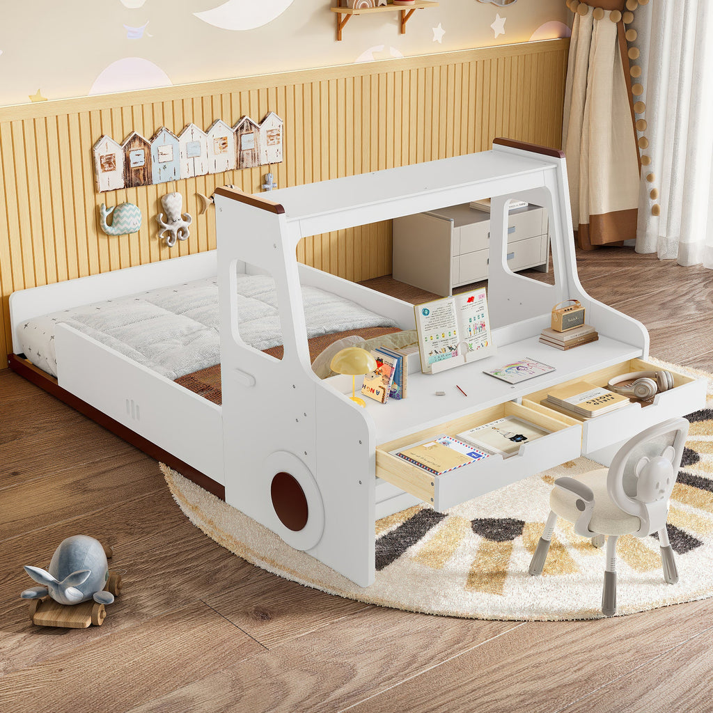 Twin Size Car-Shaped Floor Bed with Storage Drawers - Pine Wood