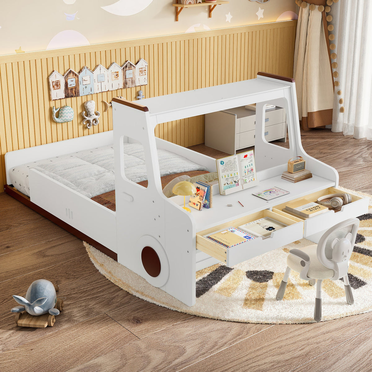 Twin Size Car-Shaped Floor Bed with Storage Drawers - Pine Wood