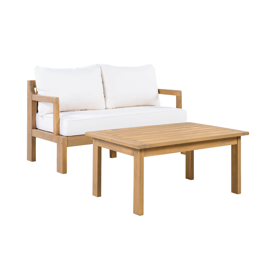 Acacia Wood Patio Chat Set with Water-Repellent Cushions - Natural Finish