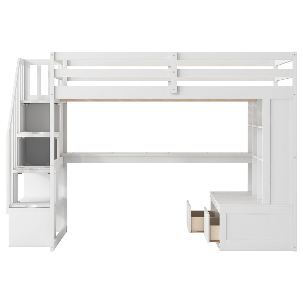 Full Size Loft Bed with Desk, Drawers & Storage Staircase - White