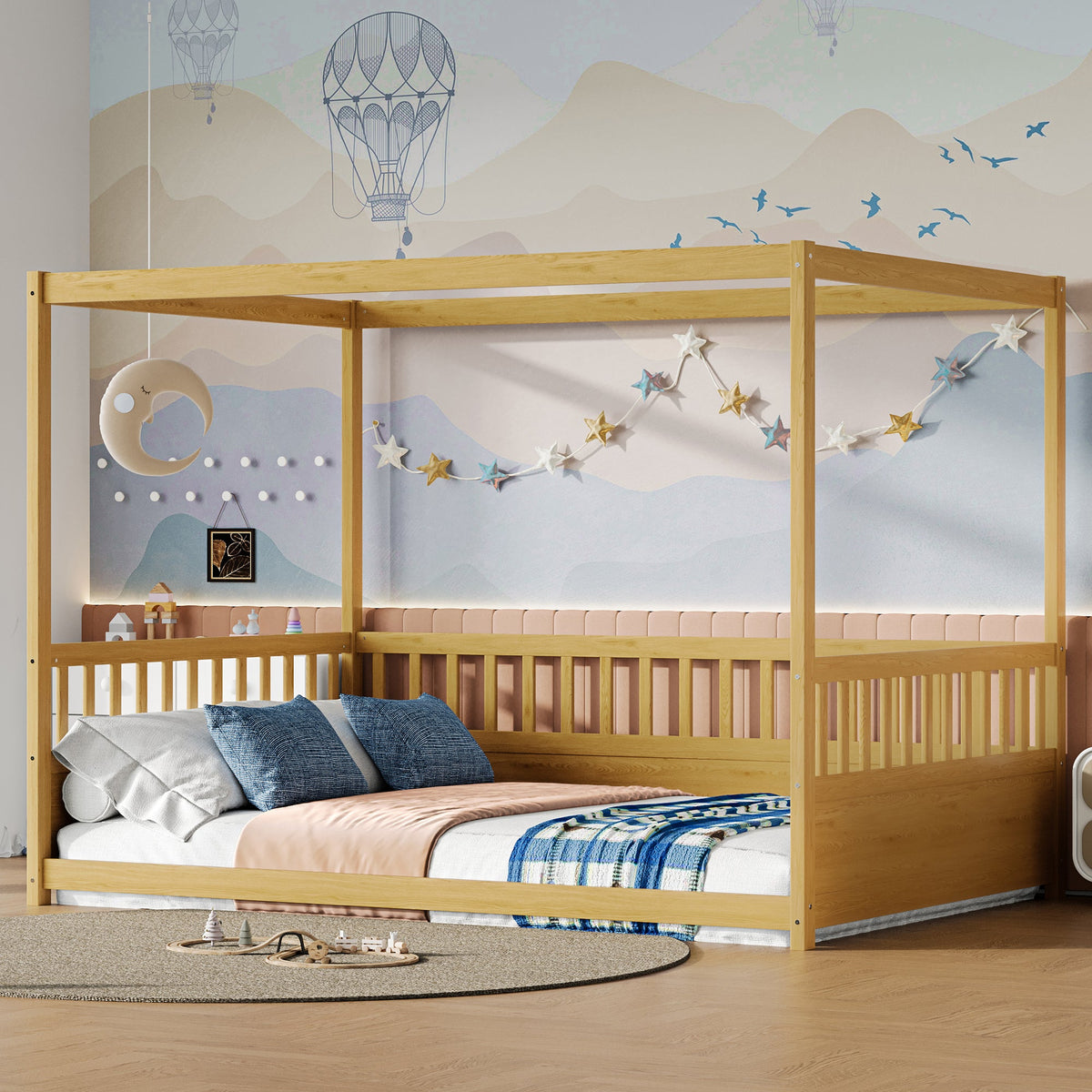 Full Size Canopy Bed Frame with Guardrails for Kids - Pine Wood