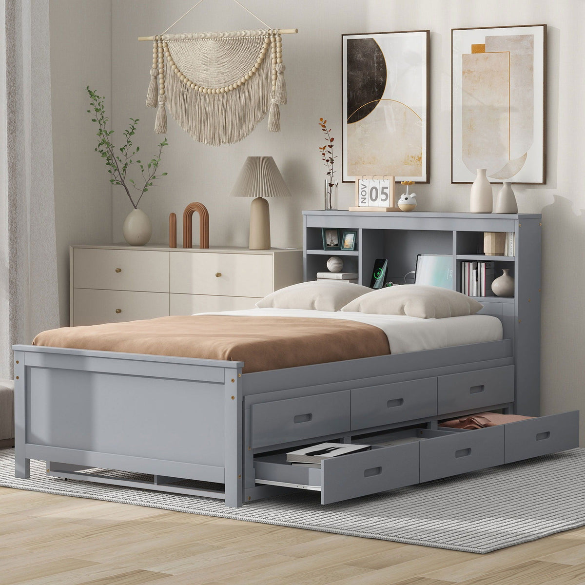Platform Bed with Storage Headboard, USB, Trundle & 3 Drawers - Twin or Full