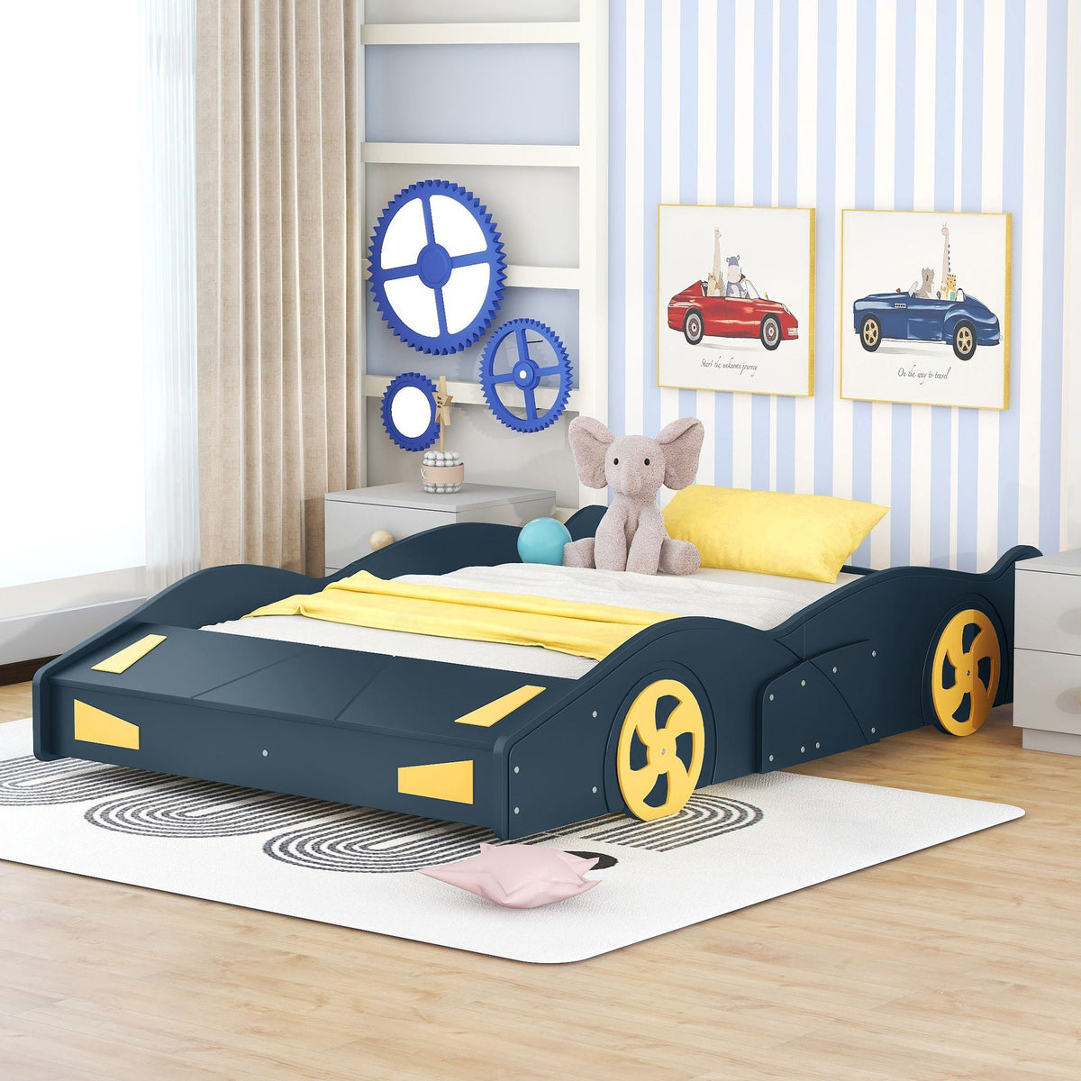 Race Car Platform Bed with Storage and Wheels - Black or Blue