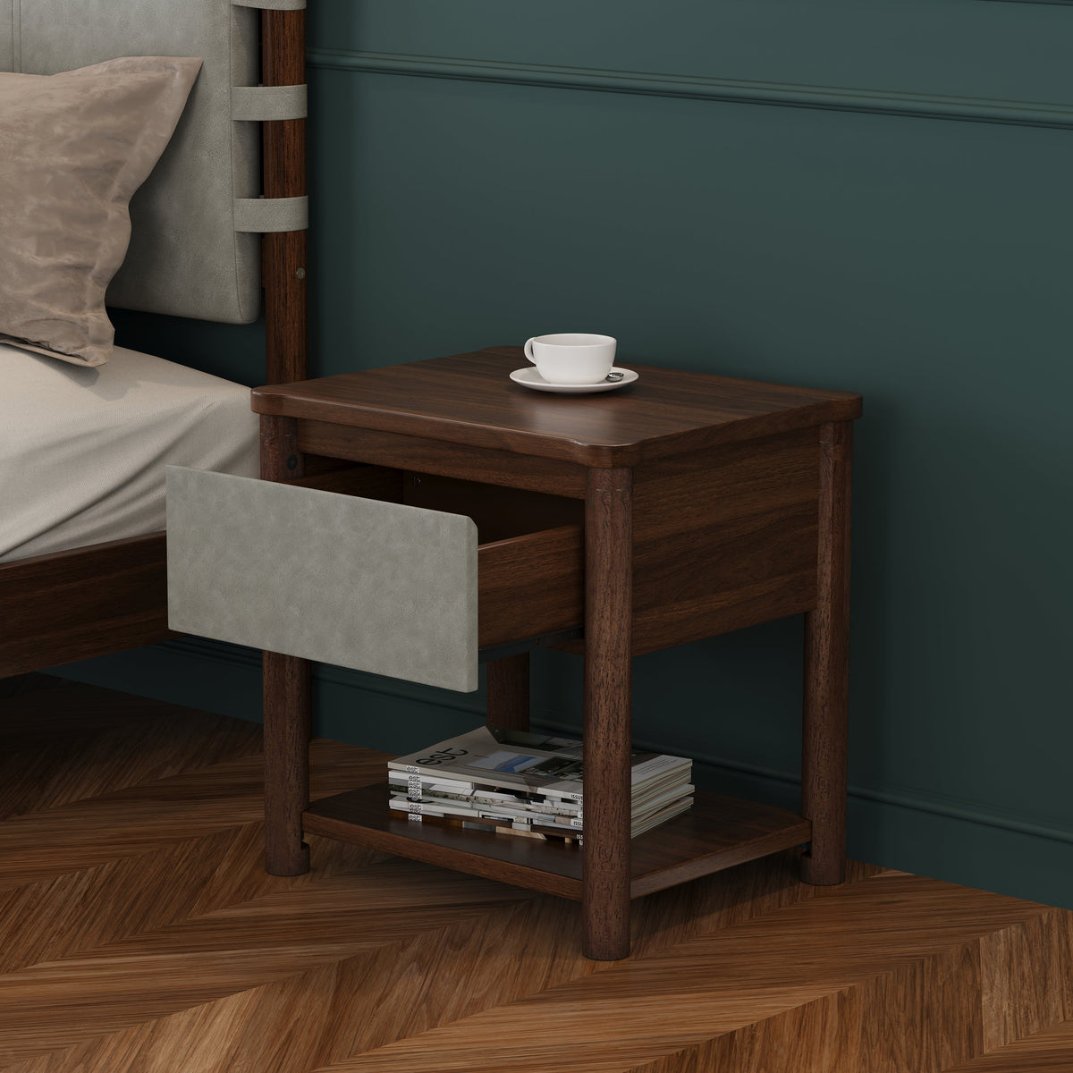 Modern King Bed Frame Set with 2 Nightstands - Wood Bedroom Set