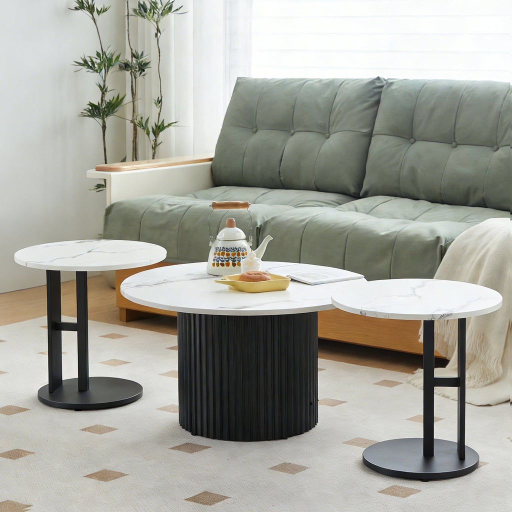 Modern Nesting Coffee Table Set of 3 with Faux Marble Tops - White Faux Marble