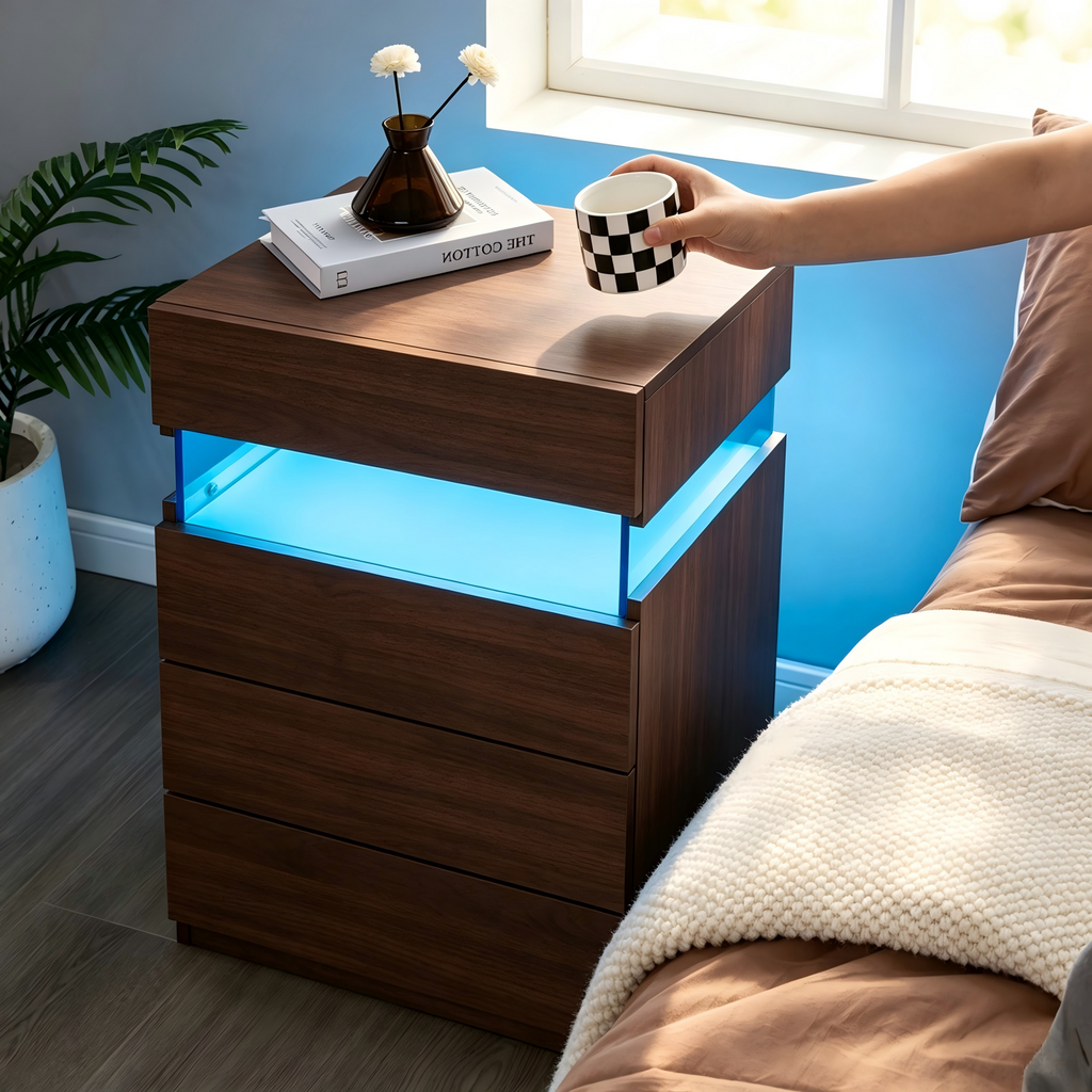 Modern Nightstand with LED Lights and 4 Drawers - White