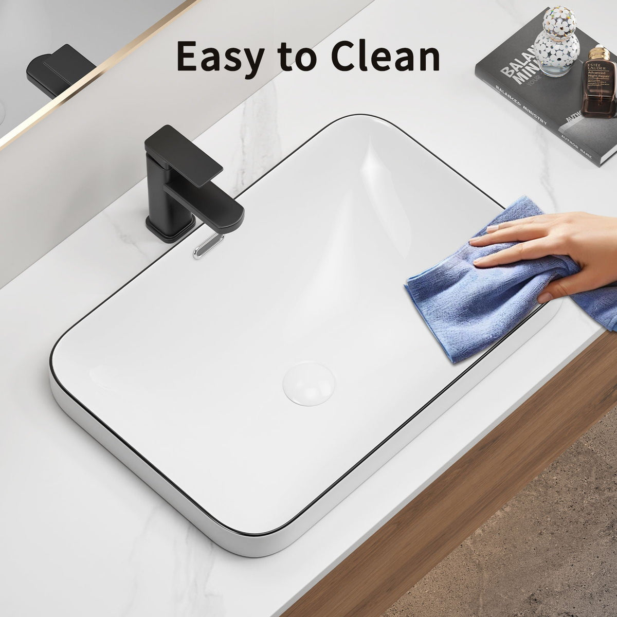 Milk White / Black Undermount Bathroom Sink with Flush-Mount Basin