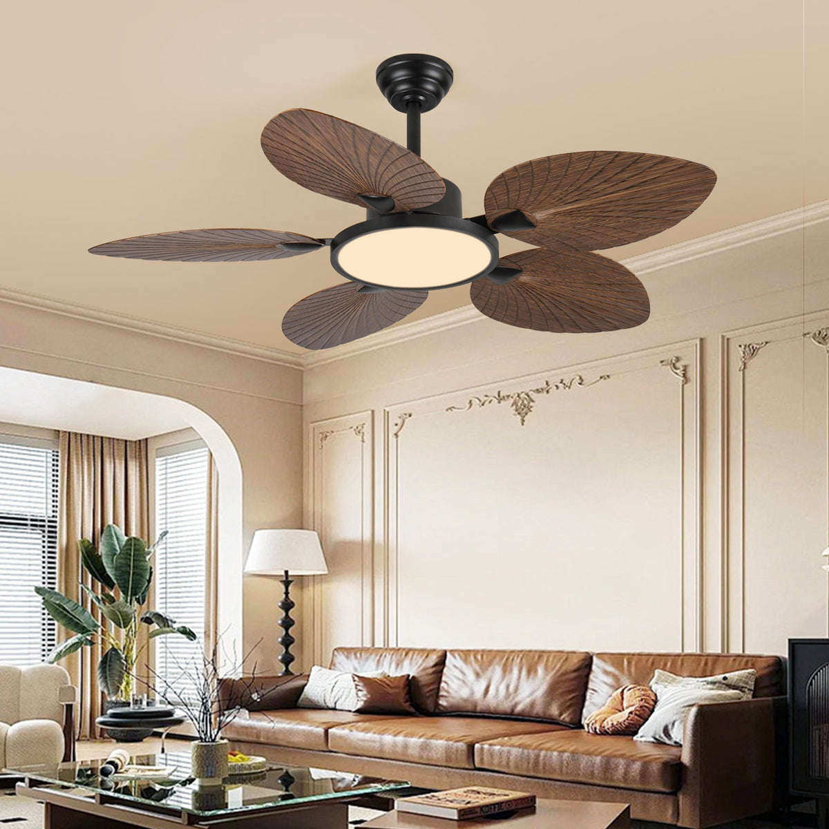 52-Inch Tropical Palm Leaf Ceiling Fan with Lights & Remote Control - Iron