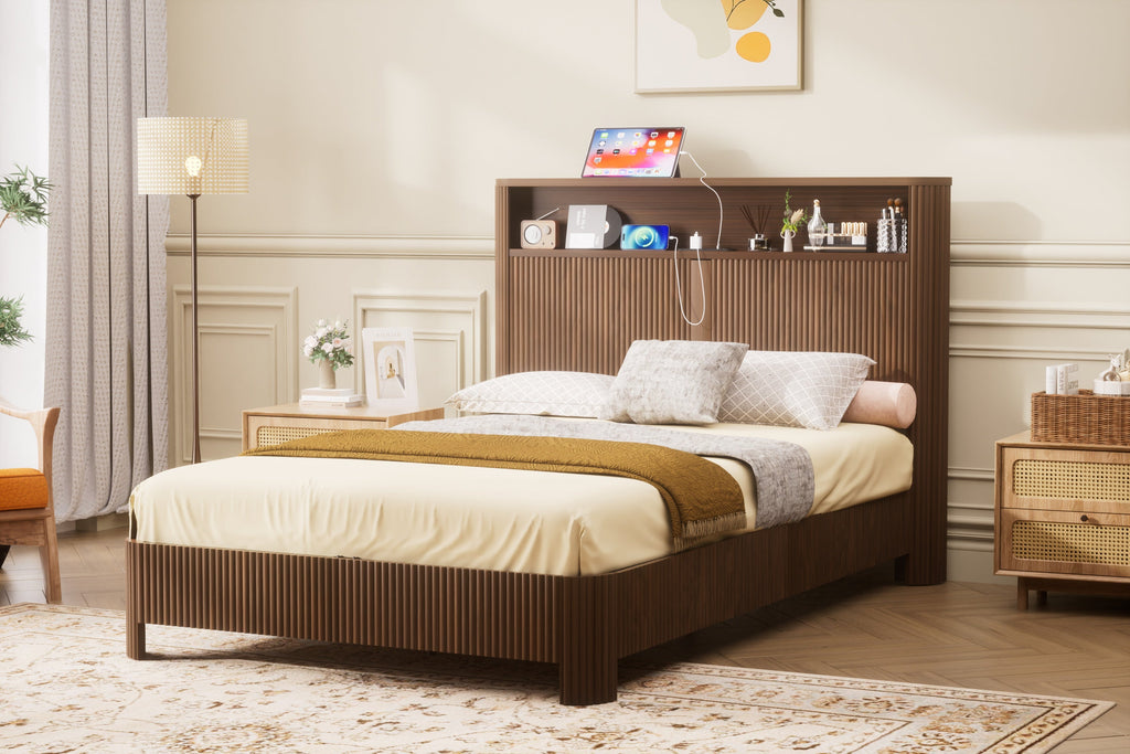 Full Extra Long Bed Frame with Storage Headboard and Built-in Charging Station - Walnut or Natural