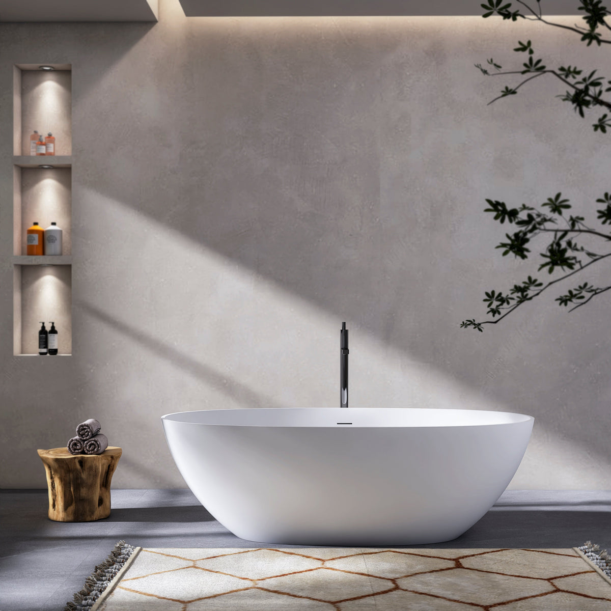 70.87 Inch Freestanding Solid Surface Soaking Bathtub with Matte Finish
