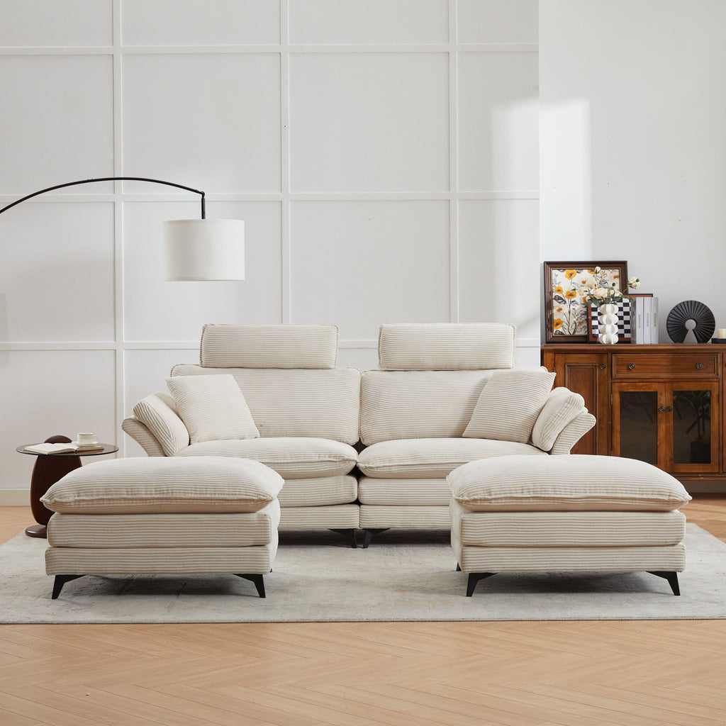 Modern Deep Seat Sectional Sofa with Ottoman - Corduroy - Black or Beige