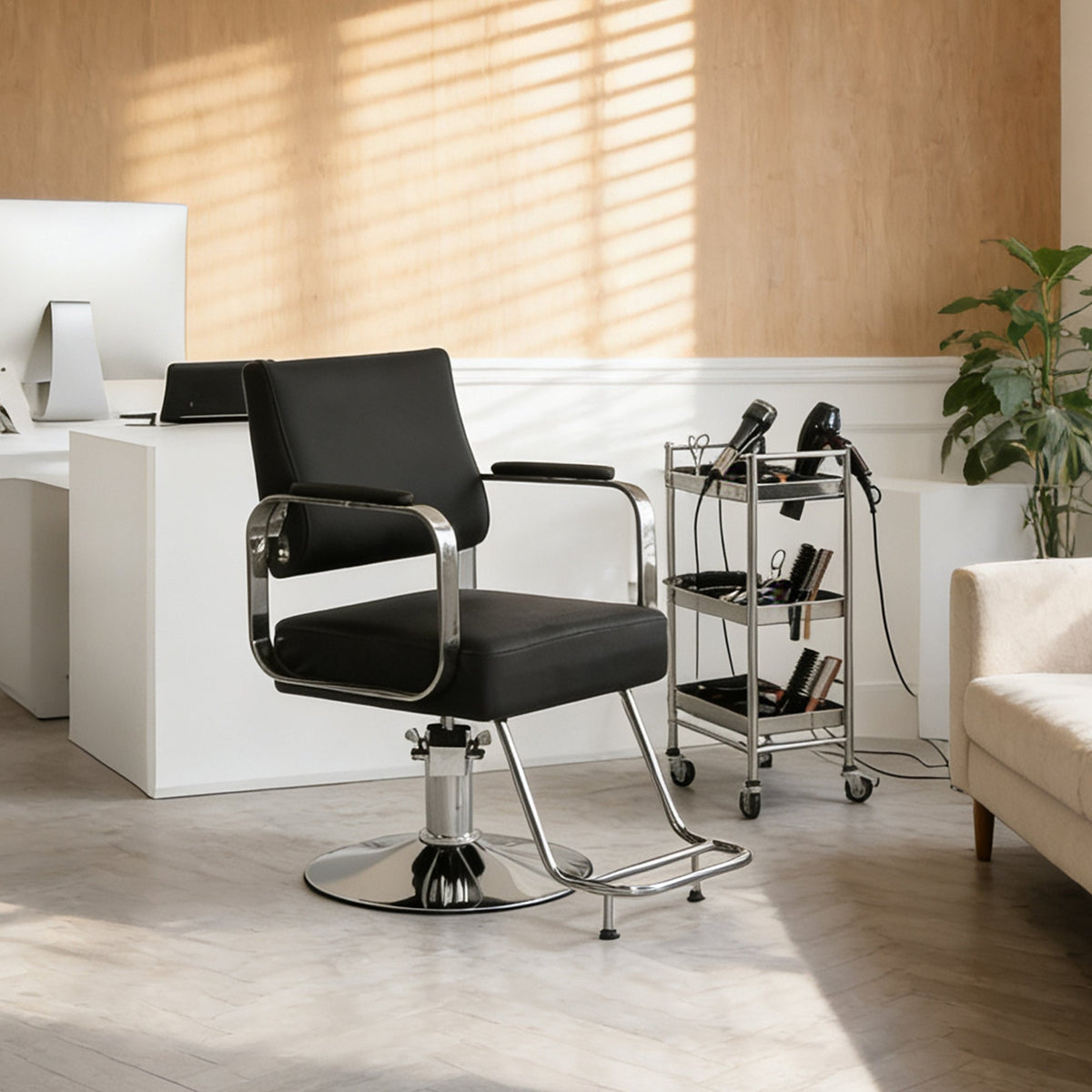 Height Adjustable Barber Chair with Metal & Wood Construction - Black
