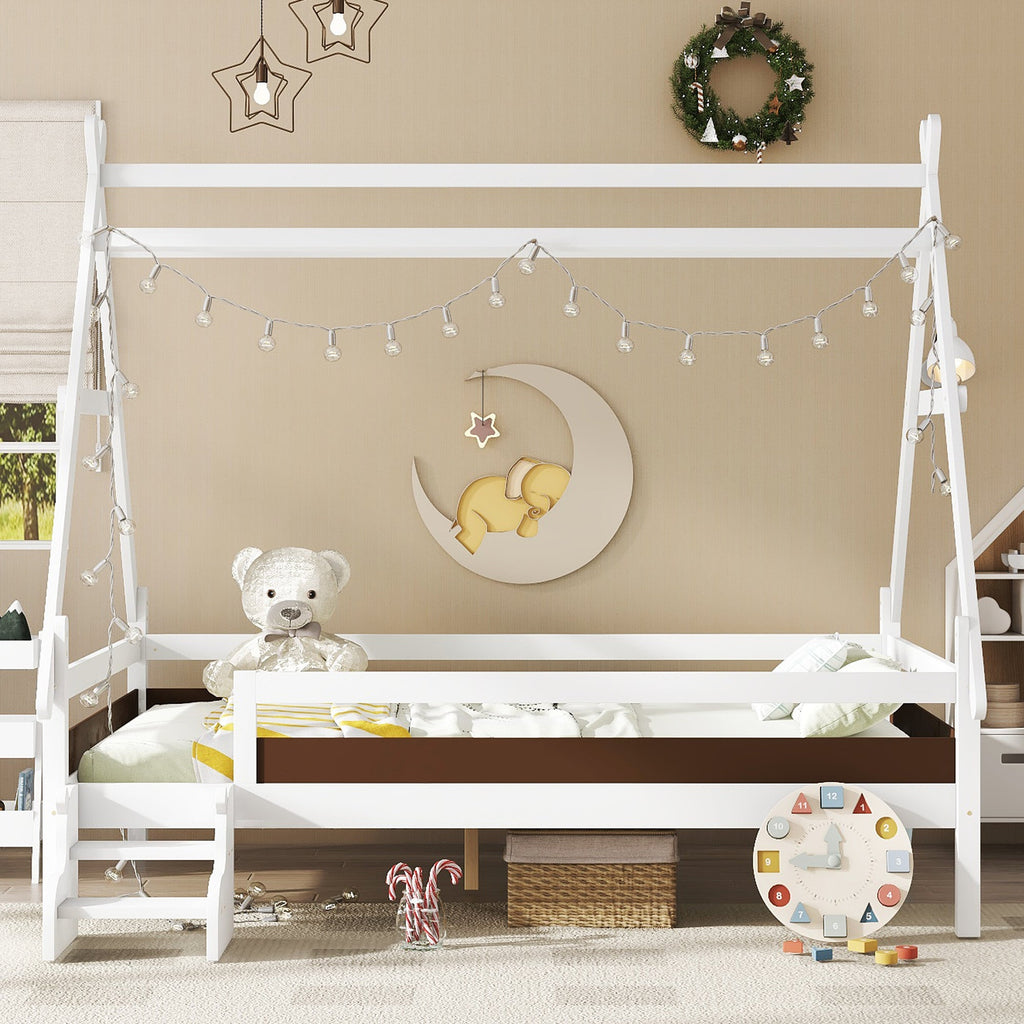 Full House Platform Bed with Stairs - Solid Wood Frame