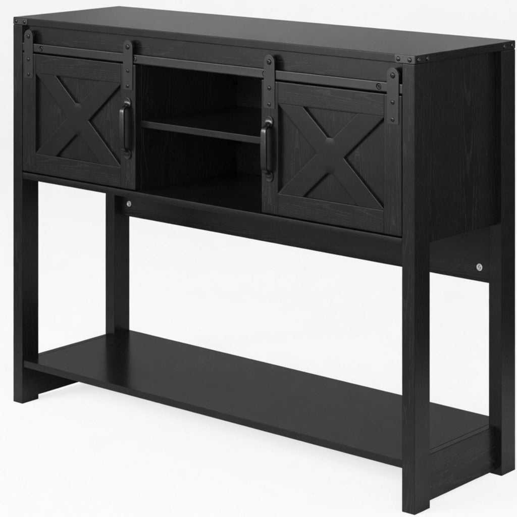 Farmhouse Entryway Table with Sliding Barn Door - Gray, Dark Gray, White, Black