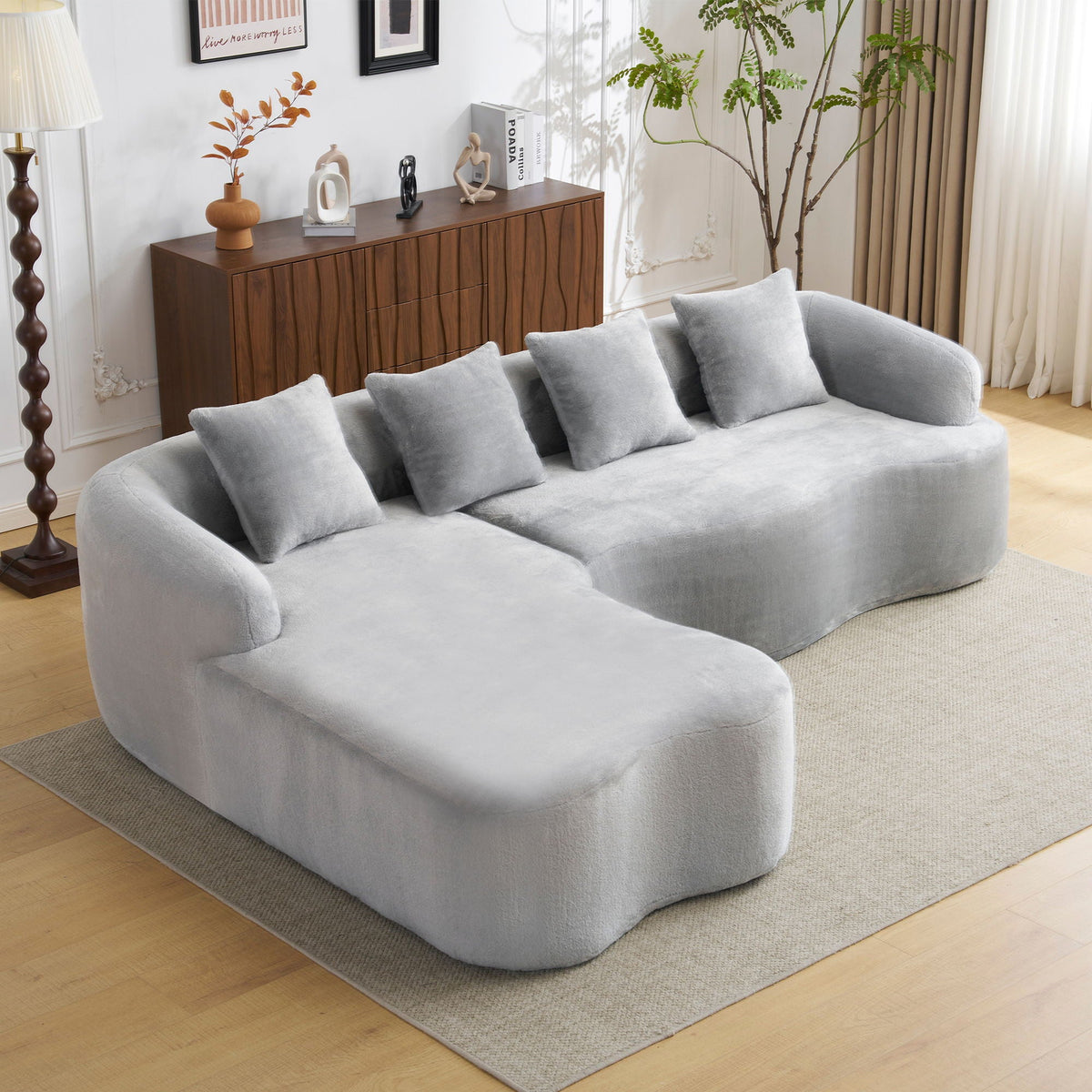 Modular L-Shape Sectional Sofa with Curved Chaise - Green, Beige, Gray