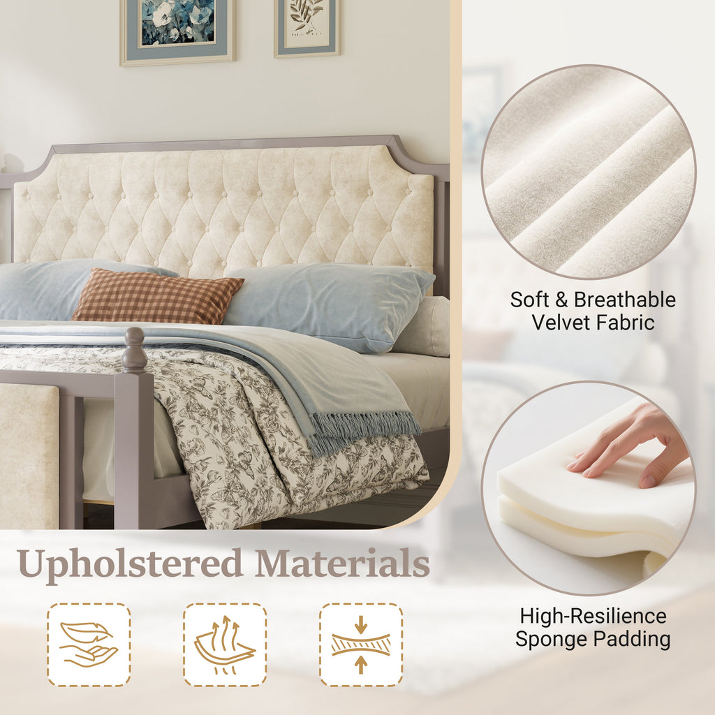 King Size Upholstered Platform Bed with Velvet Button Tufted Headboard