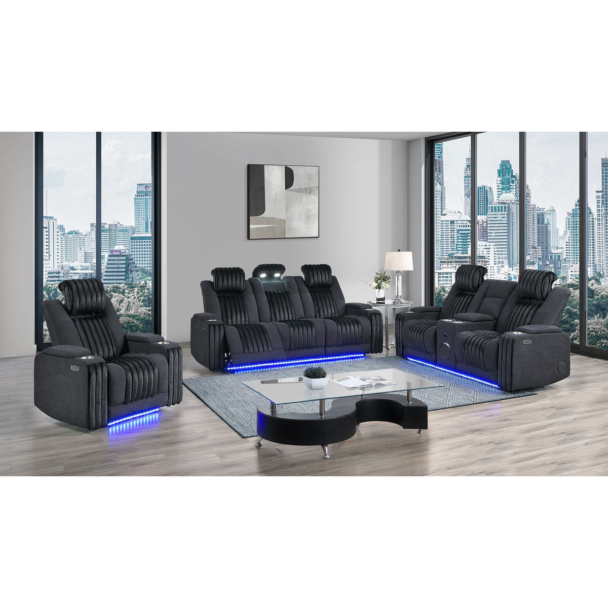 Power Reclining Sofa with Power Headrest and Drop Down Table - Black, Dark Brown, or Dark Gray