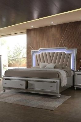 Kaitlyn Storage Bed with LED Lighting and Storage - Pearl Silver