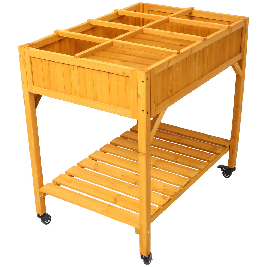 Elevated 8 Pocket Herb Garden Bed with Lockable Wheels - Fir Wood