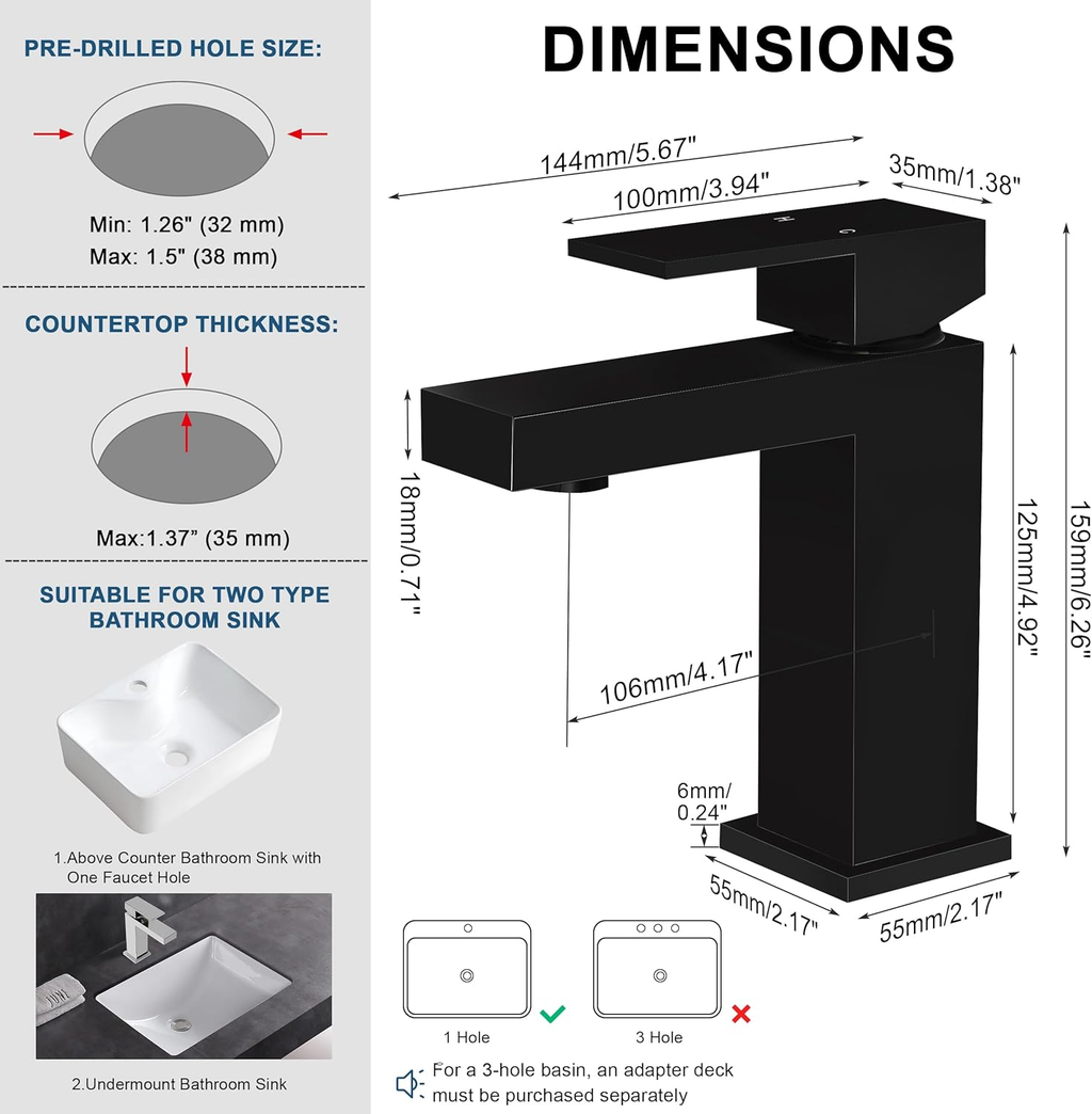 Single Handle Bathroom Faucet with Water-Saving Aerator - Matte Black