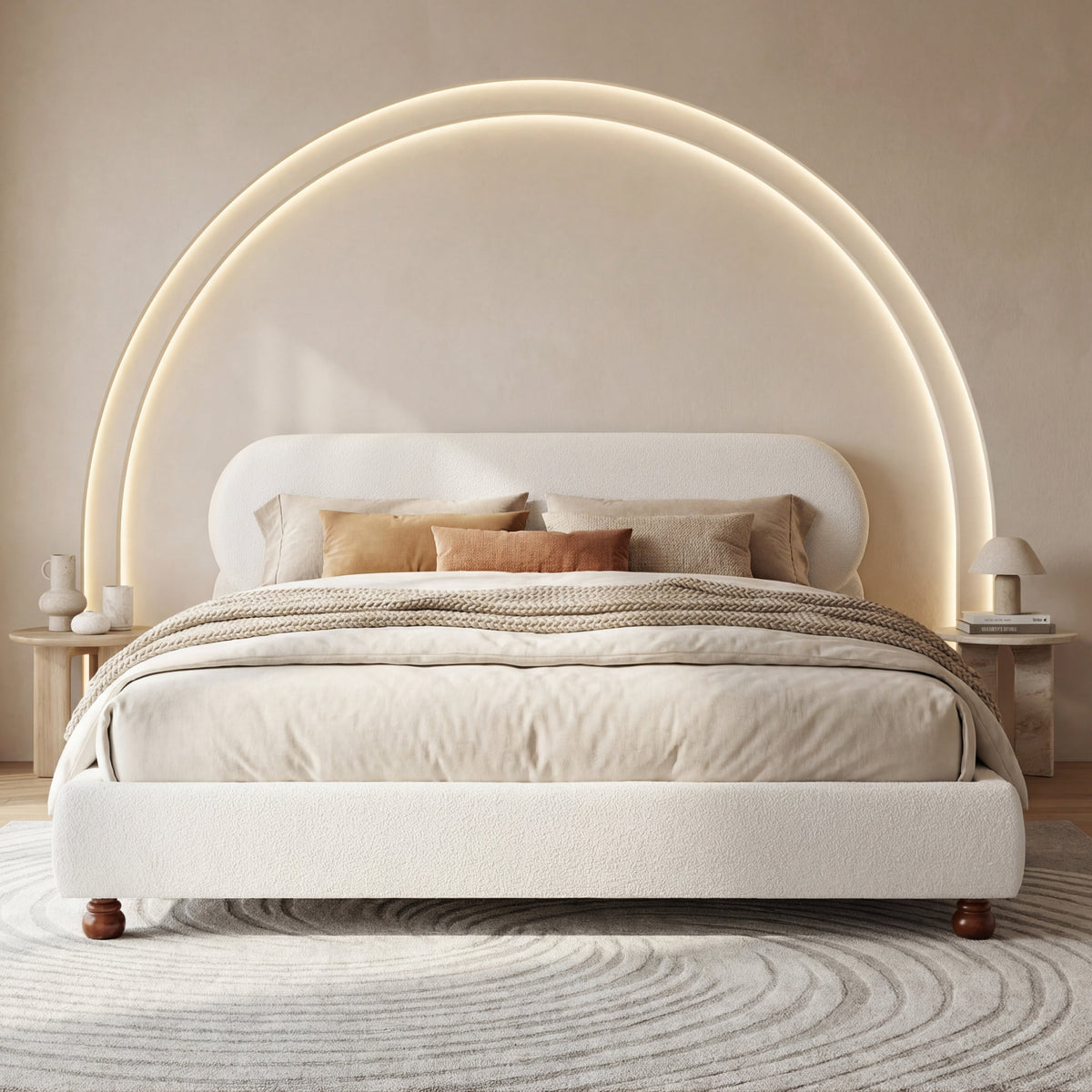 Cream Boucle Upholstered King Bed with Rubberwood Feet