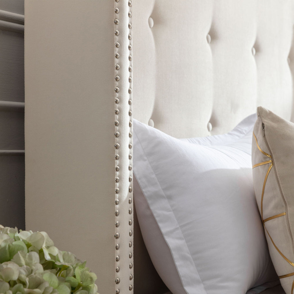 Upholstered Bed with 54" High Headboard and Hand Buttoned Tufting - White or Blue