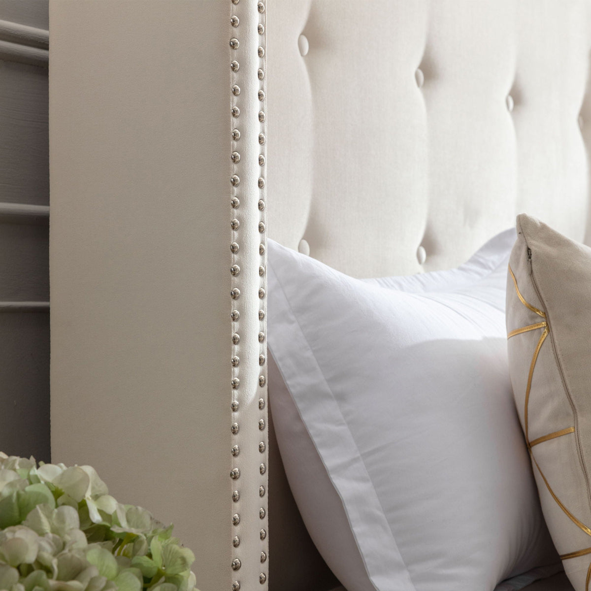 Upholstered Bed with 54" High Headboard and Hand Buttoned Tufting - White or Blue