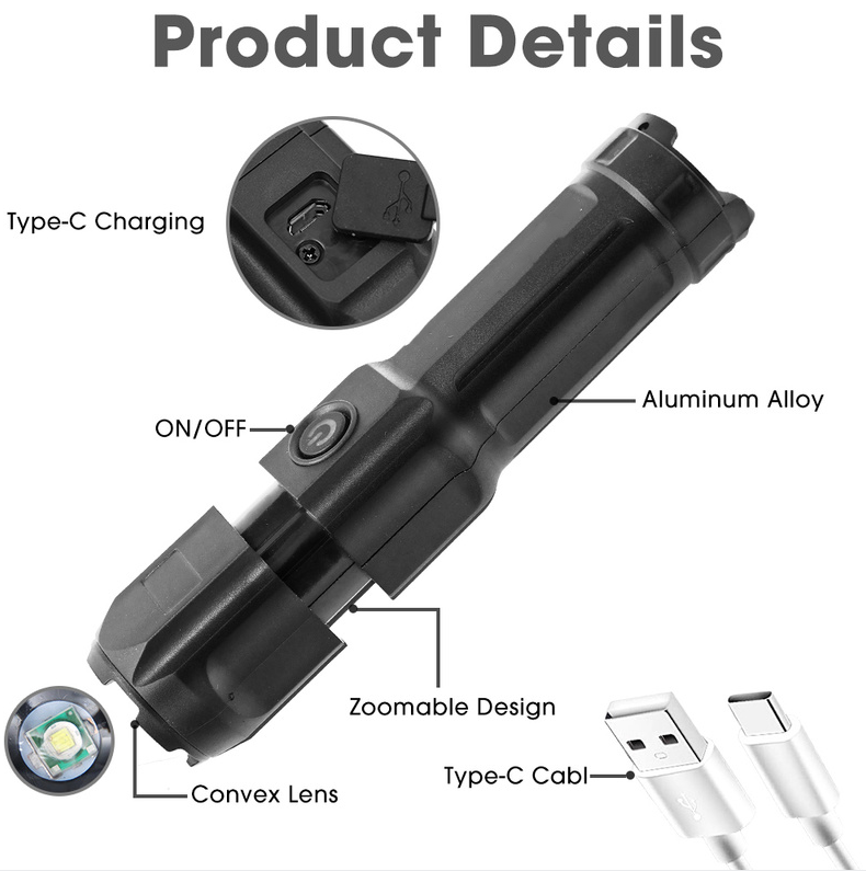 New Telescopic Zoom Glare Flashlight USB Charging Compact Portable Spotlight Long-Range Floodlight Outdoor Lighting