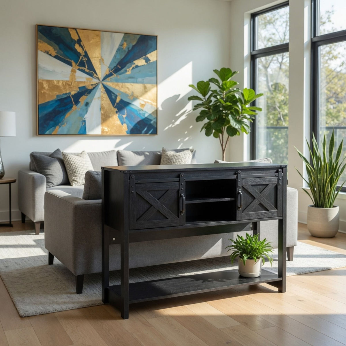 Farmhouse Entryway Table with Sliding Barn Door - Gray, Dark Gray, White, Black