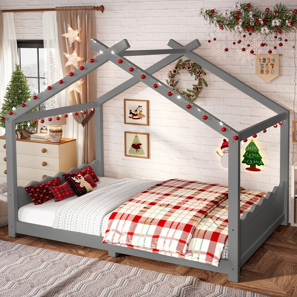 Full House Floor Bed with Support Slats - Gray