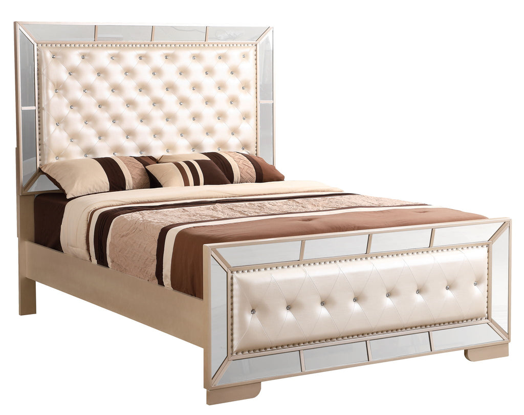 Contemporary Panel Bed with Mirrored Accents - Beige or Pearl Silver