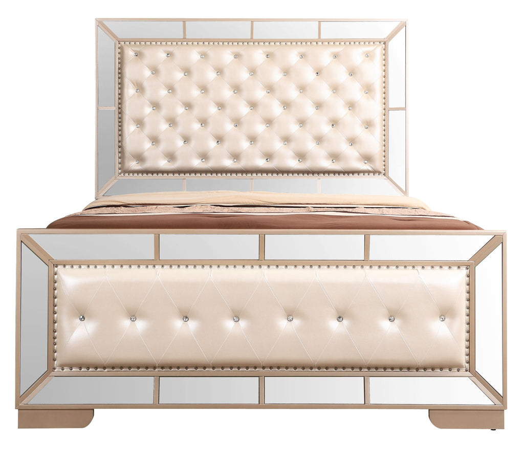 Contemporary Panel Bed with Mirrored Accents - Beige or Pearl Silver