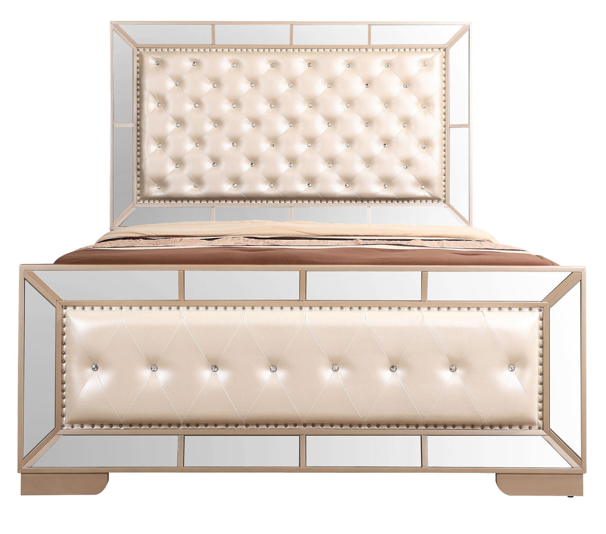 Contemporary Panel Bed with Mirrored Accents - Beige or Pearl Silver