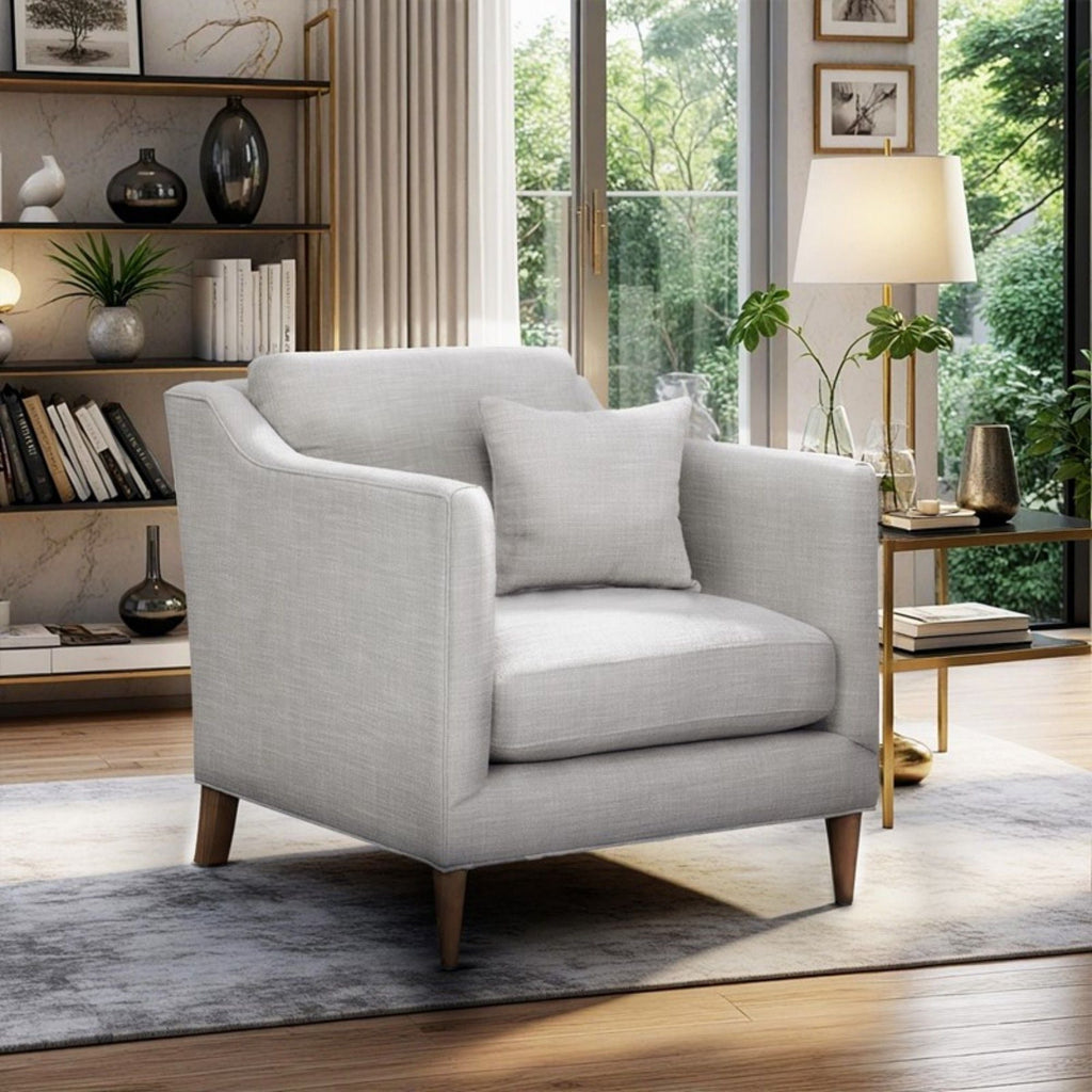 Beige Arm Chair with High Track Arms and Solid Wood Legs
