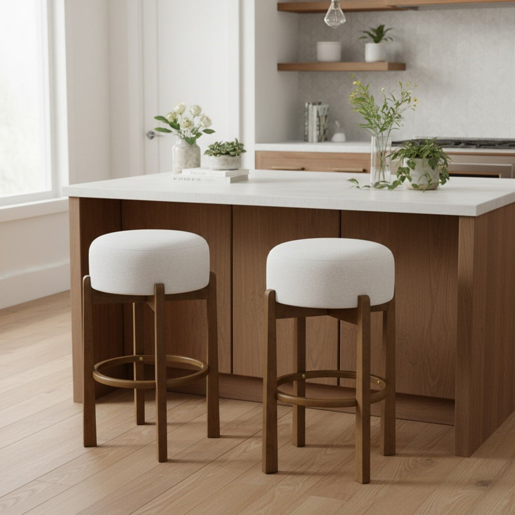 Vera Indoor Wooden Upholstered Barstool with Ivory Cushion - Dark
