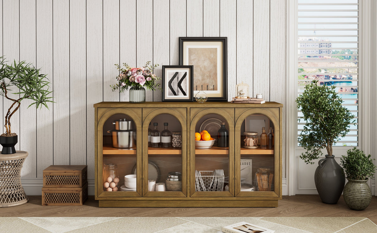 Large Storage Buffet Cabinet with Glass Doors - 4-Door Server, MDF & Pine Wood