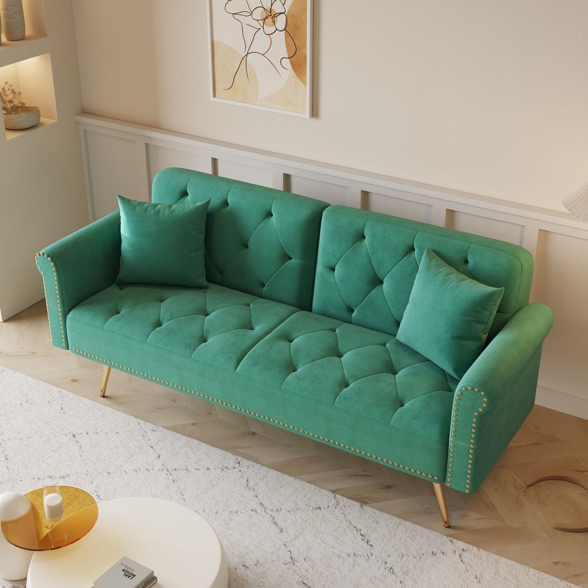 Velvet Sofa Bed with Nail Head Trim and Matching Pillow - Multiple Colors