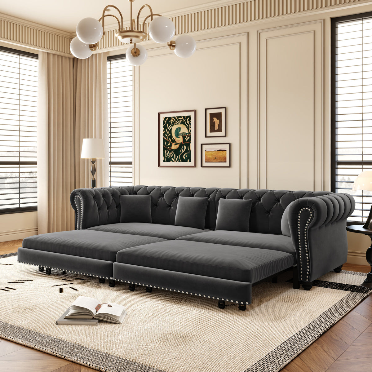 Chesterfield 3-in-1 Convertible Velvet Sofa Bed with Pull-Out Sleeper - Grey