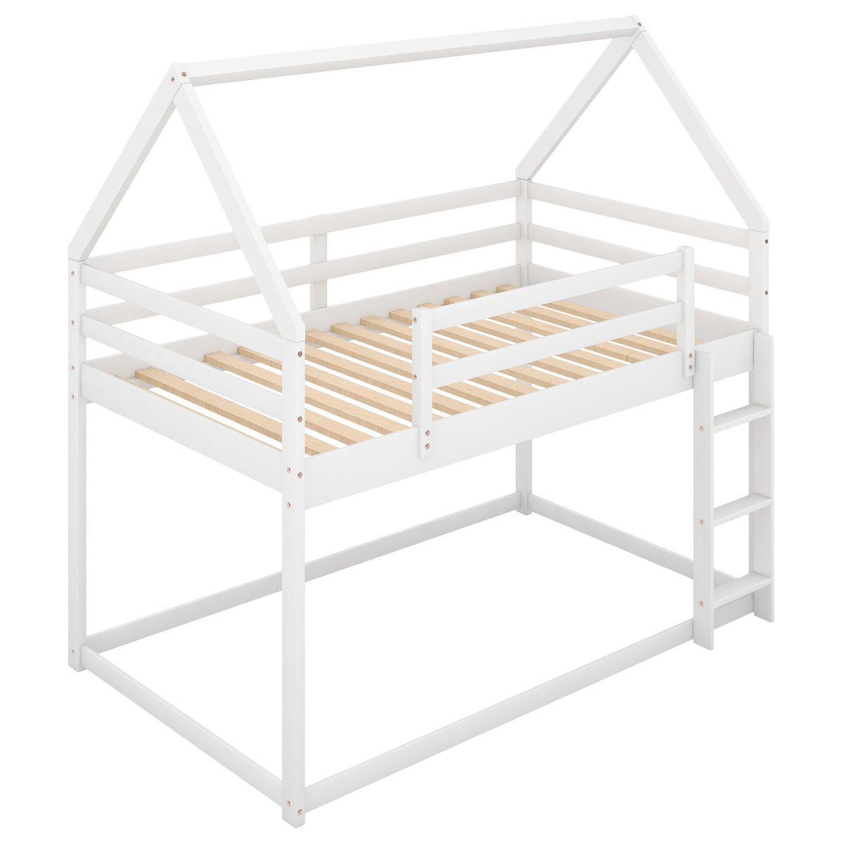 Low Bunk Bed With House Shaped Frame and Ladder - Twin Over Twin