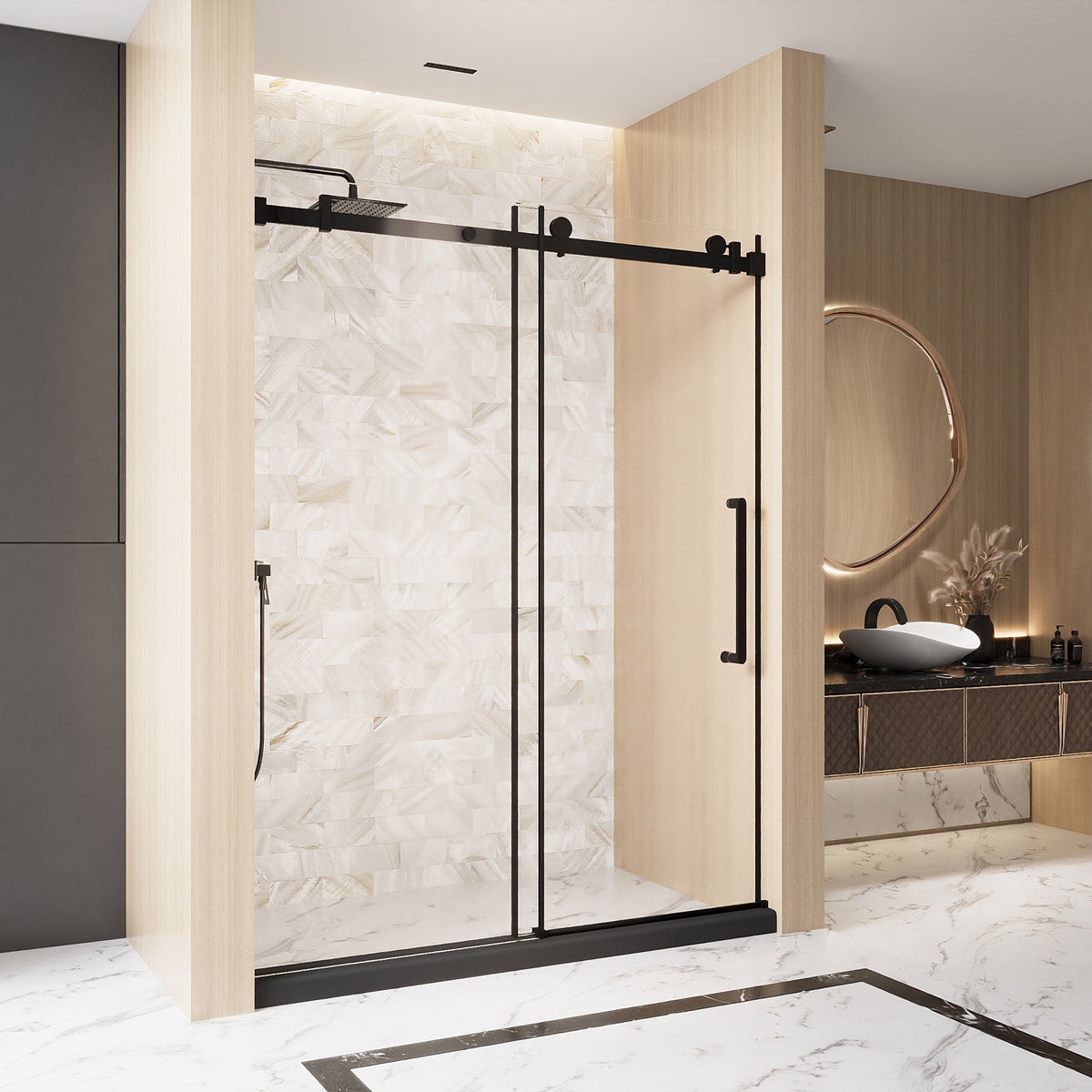 Frameless Single Sliding Shower Door with Square Tube Track - Black
