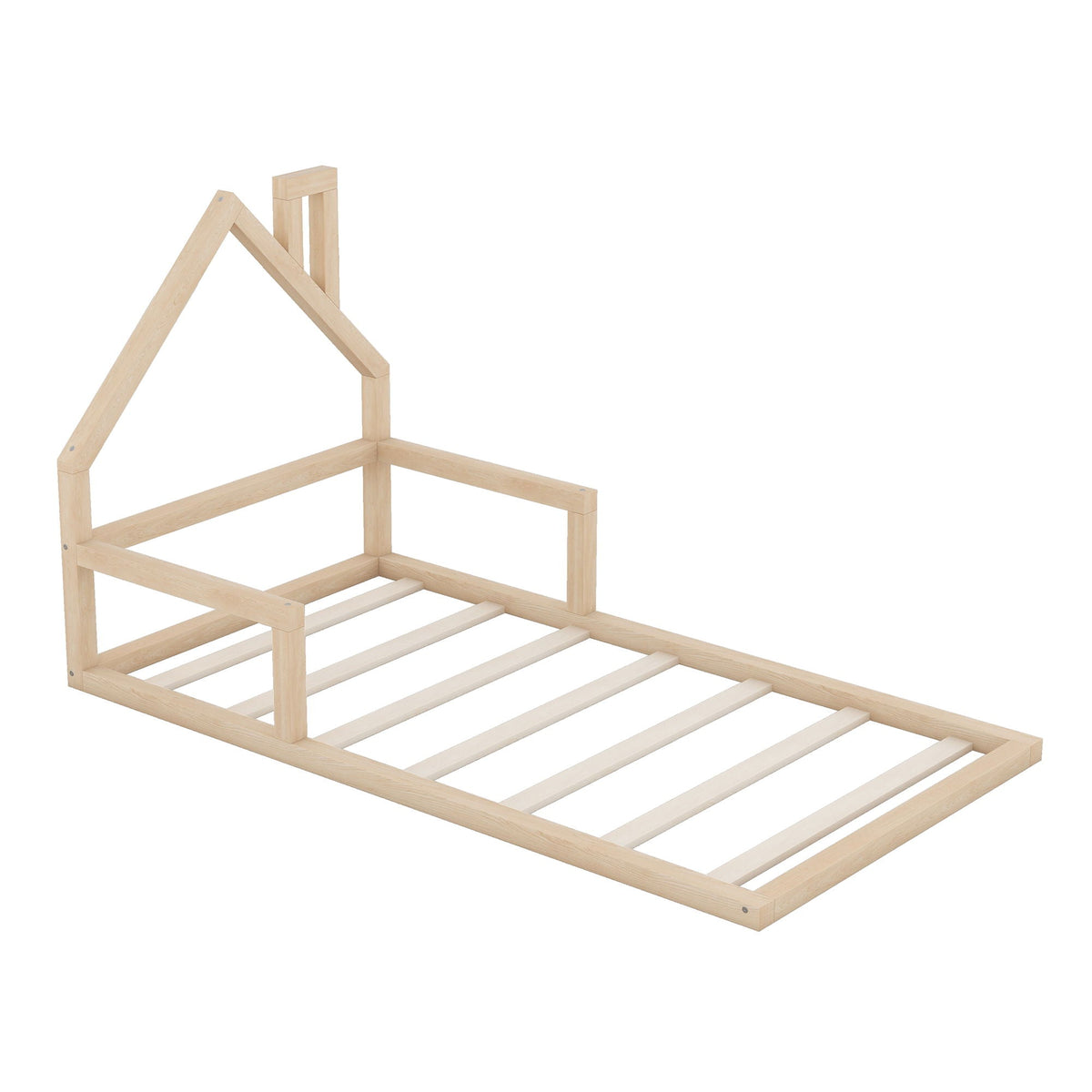 Floor Bed With House Shaped Headboard - Twin Size, Solid Pine - White or Light Brown