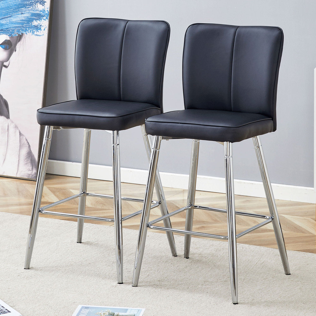 Modern Bar Chair Set with Streamlined Backrest and Metal Legs - Black/Silver