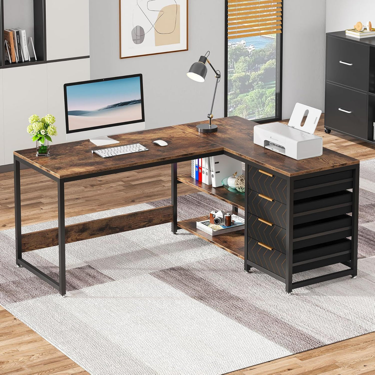 L-Shaped Computer Desk with Drawers and Shelves - Black or Dark Brown