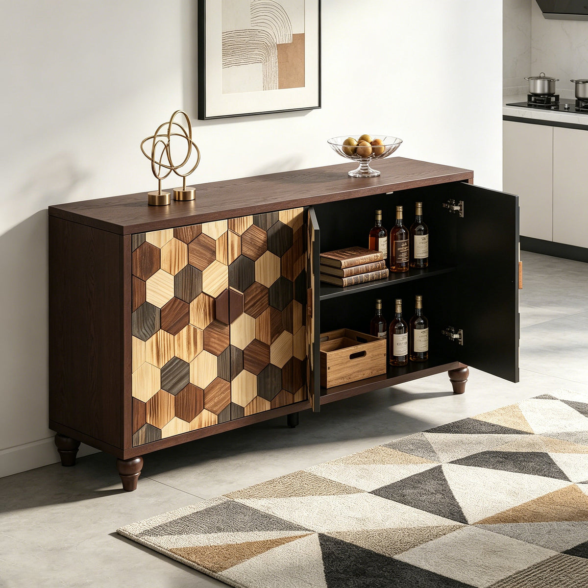 Honeycomb Pattern Sideboard Cabinet with Ample Storage - 59.8" Wide