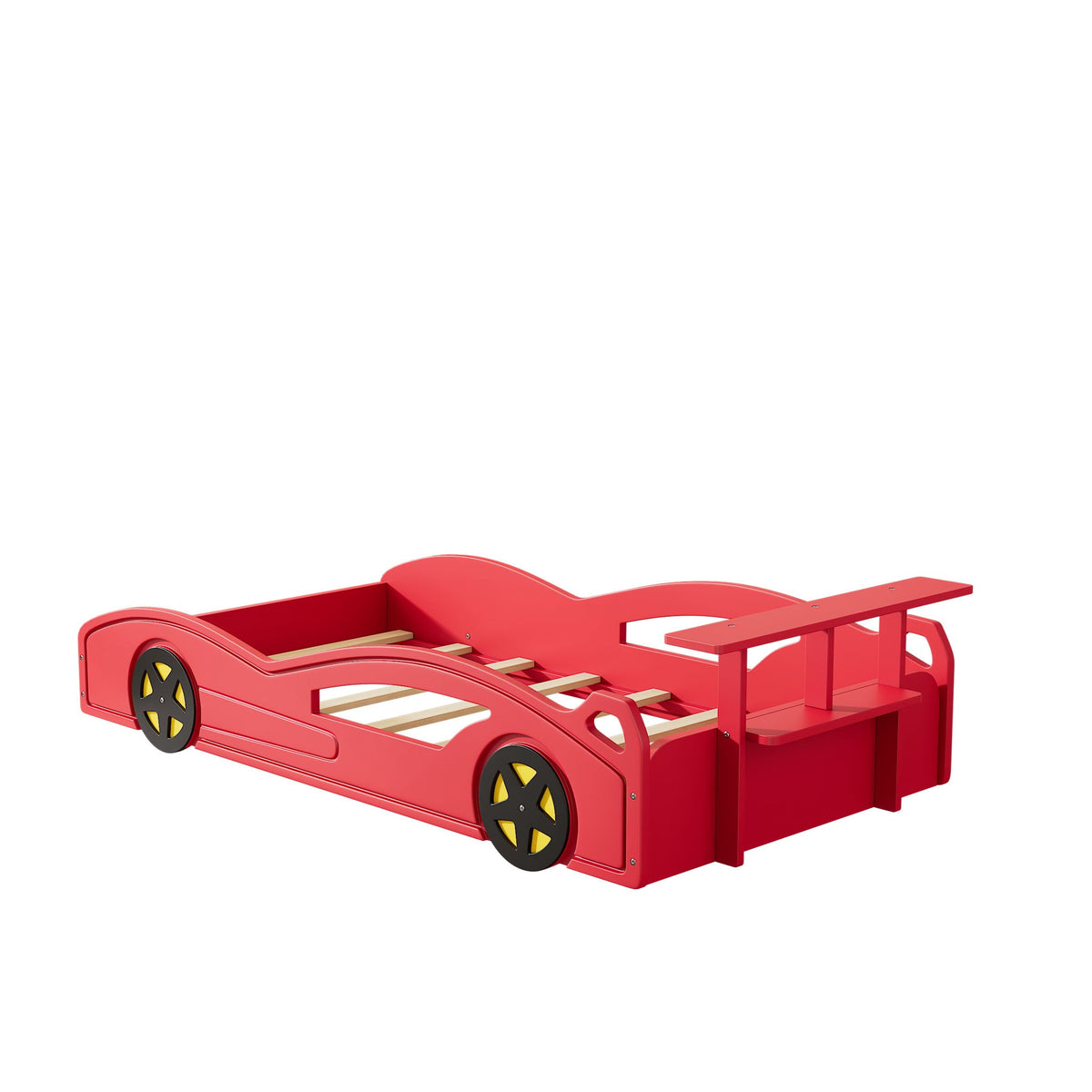 Race Car Platform Bed with Built-In Storage and Side Rails - Twin Size, Red or Blue