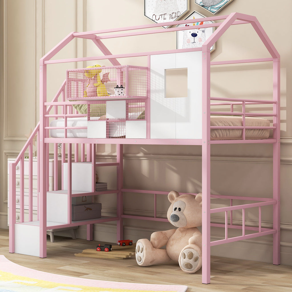 Metal Loft Bed With Roof Design and Storage Box with Guardrails and Integrated Ladder - Twin