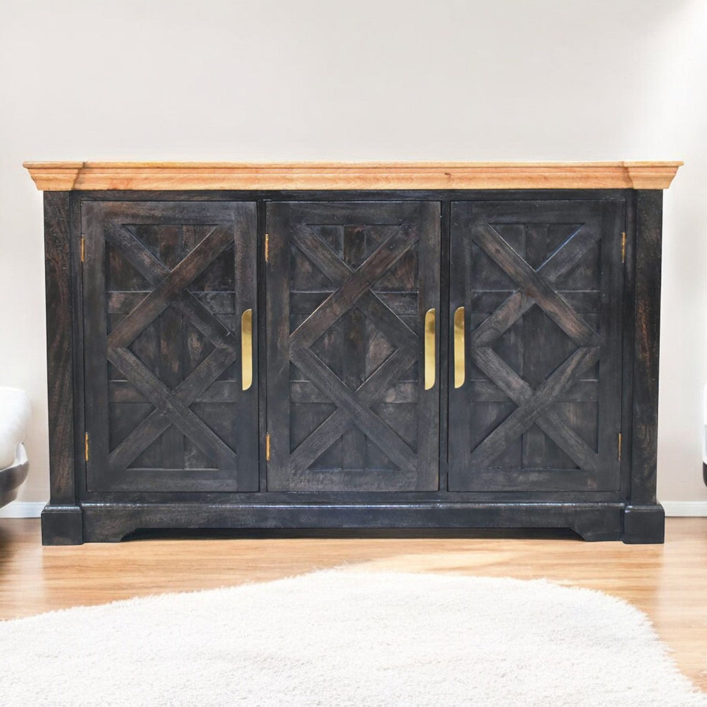 Solid Wood Regal Rustic Sideboard with 6 Compartments - Black & Oak