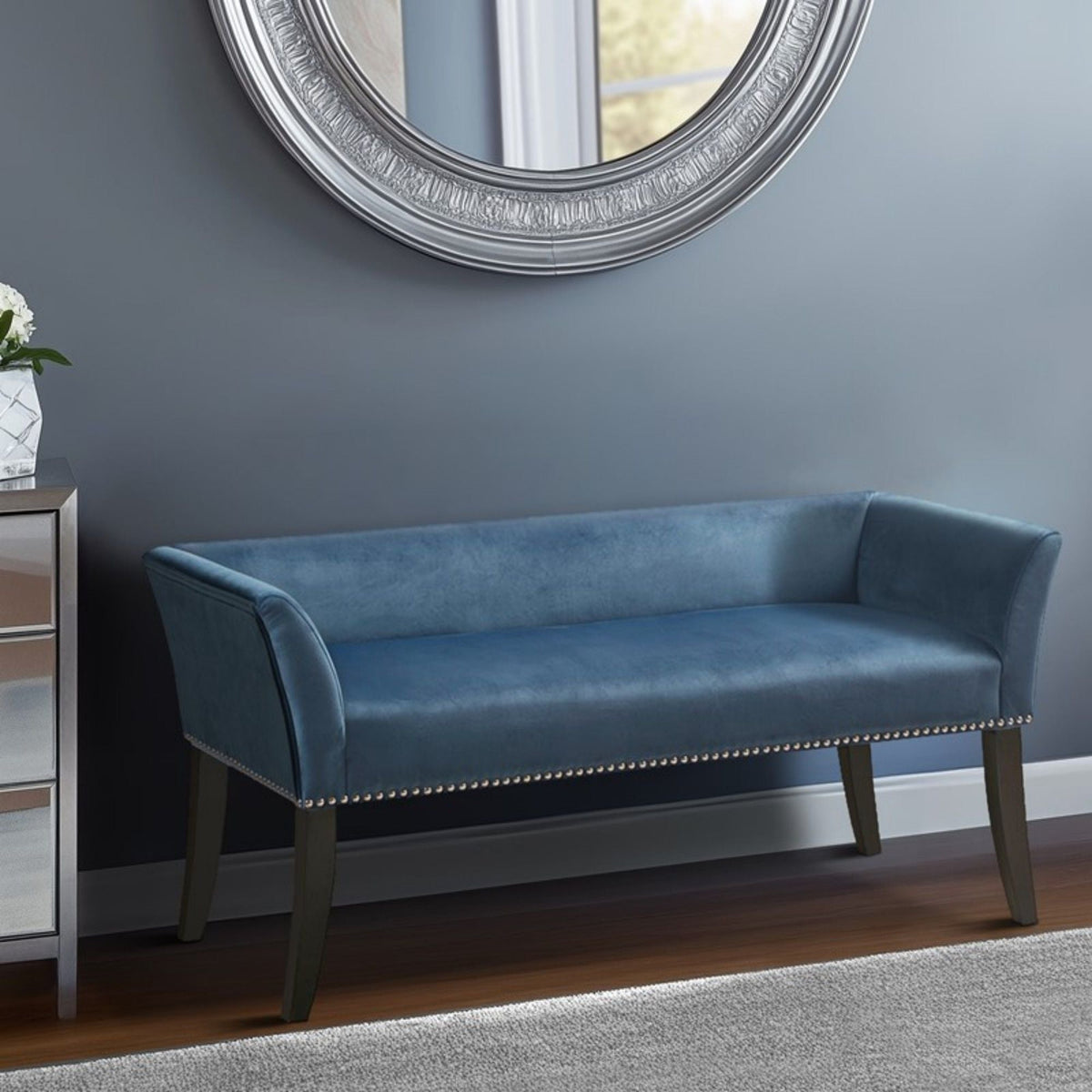 Welburn Upholstered Bench with Low Back and Flared Arms - Blue, Light Blue, or Beige