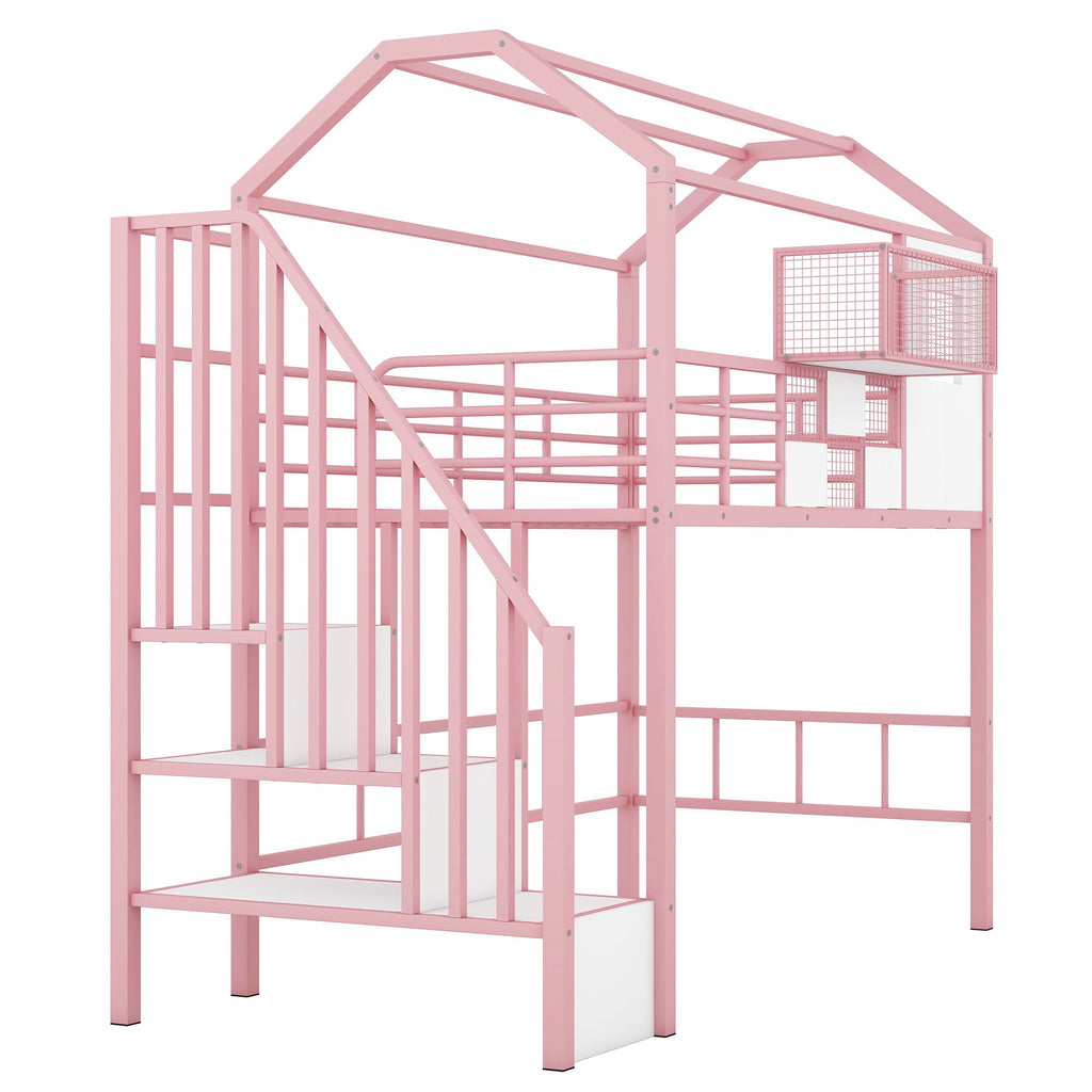 Metal Loft Bed With Roof Design and Storage Box with Guardrails and Integrated Ladder - Twin